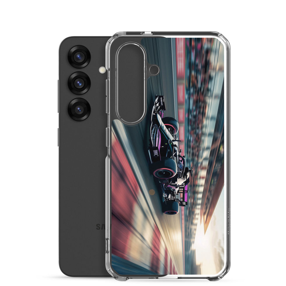 Black n Purple Power Clear case for Galaxy S25, black and purple race car artwork, phone and case on white