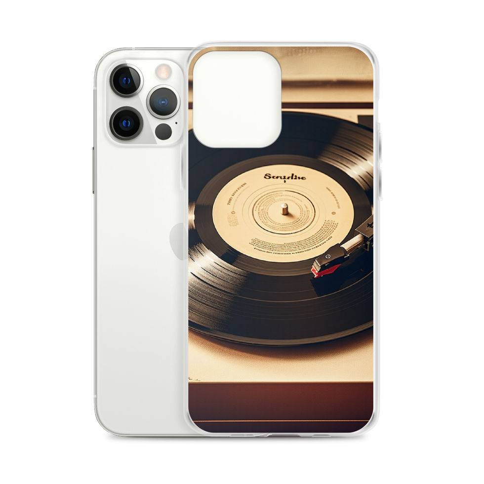 Golden Grooves clear iPhone case dark desktop view with matching watch accents, image 11.