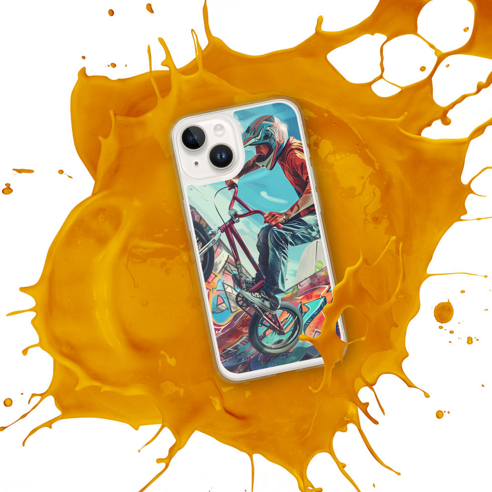 Urban Freestyle Clear case for iPhone 14, BMX rider and colourful graffiti, orange paint splash background