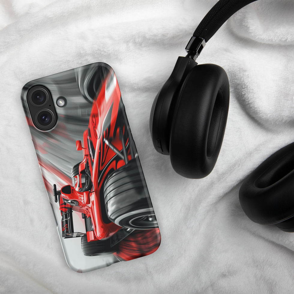 Victory Rush Snap case for iPhone 16 Plus, red race car and grey streaks, headphones on pale fabric