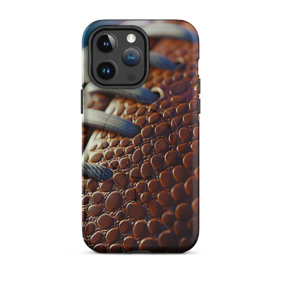 Gridiron Grip MagSafe Tough case for iPhone 14 Pro Max, rear view of brown football pebble artwork and pale laces.