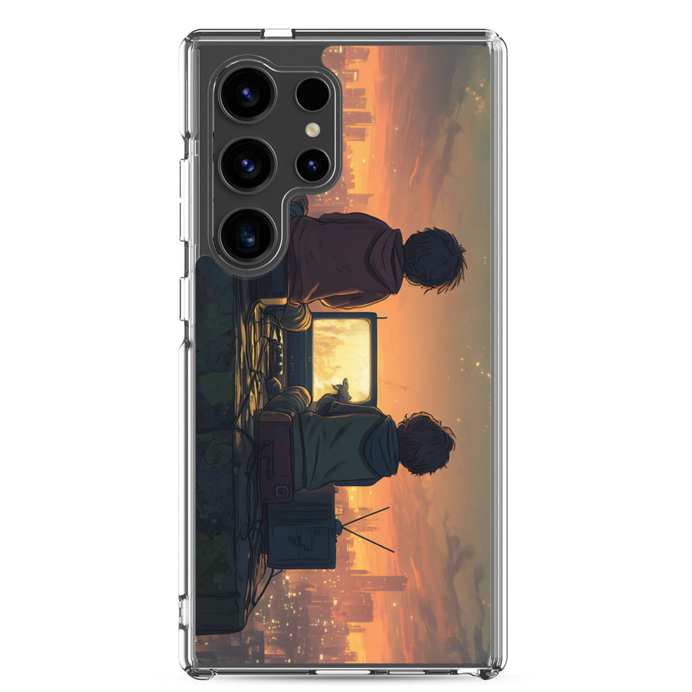 Rooftop Retro Nights neon rooftop gaming artwork on Samsung Galaxy S25 Plus clear phone case, angled view, gallery image 32