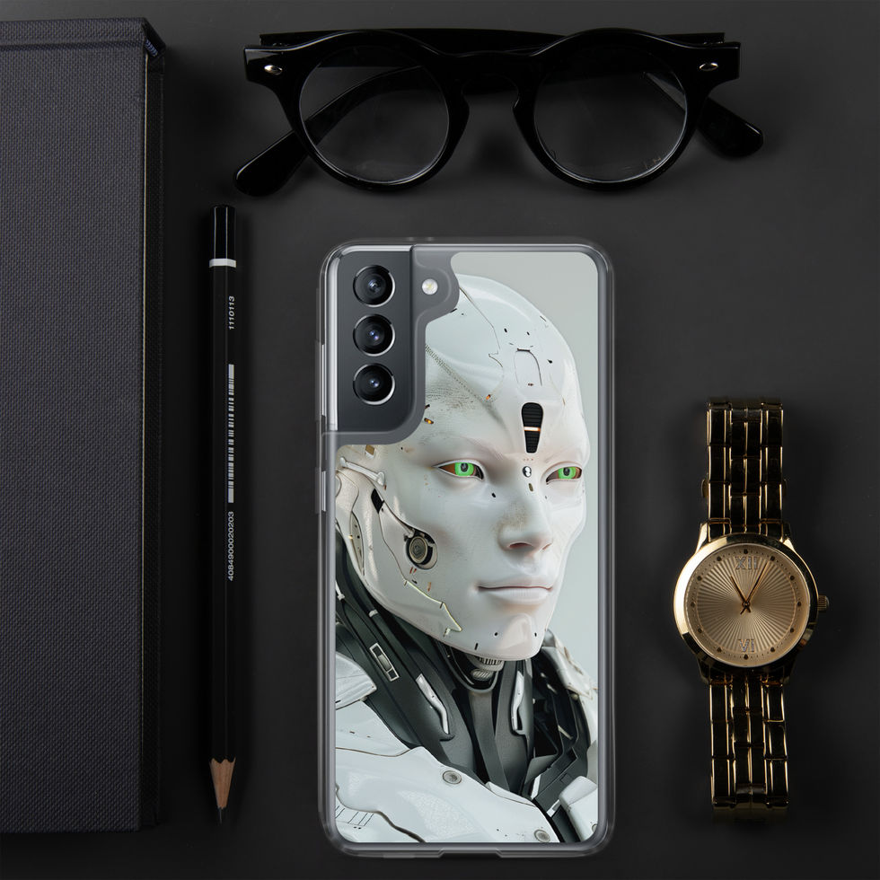 futuristic humanoid machine on Samsung clear protective case, upright studio product view