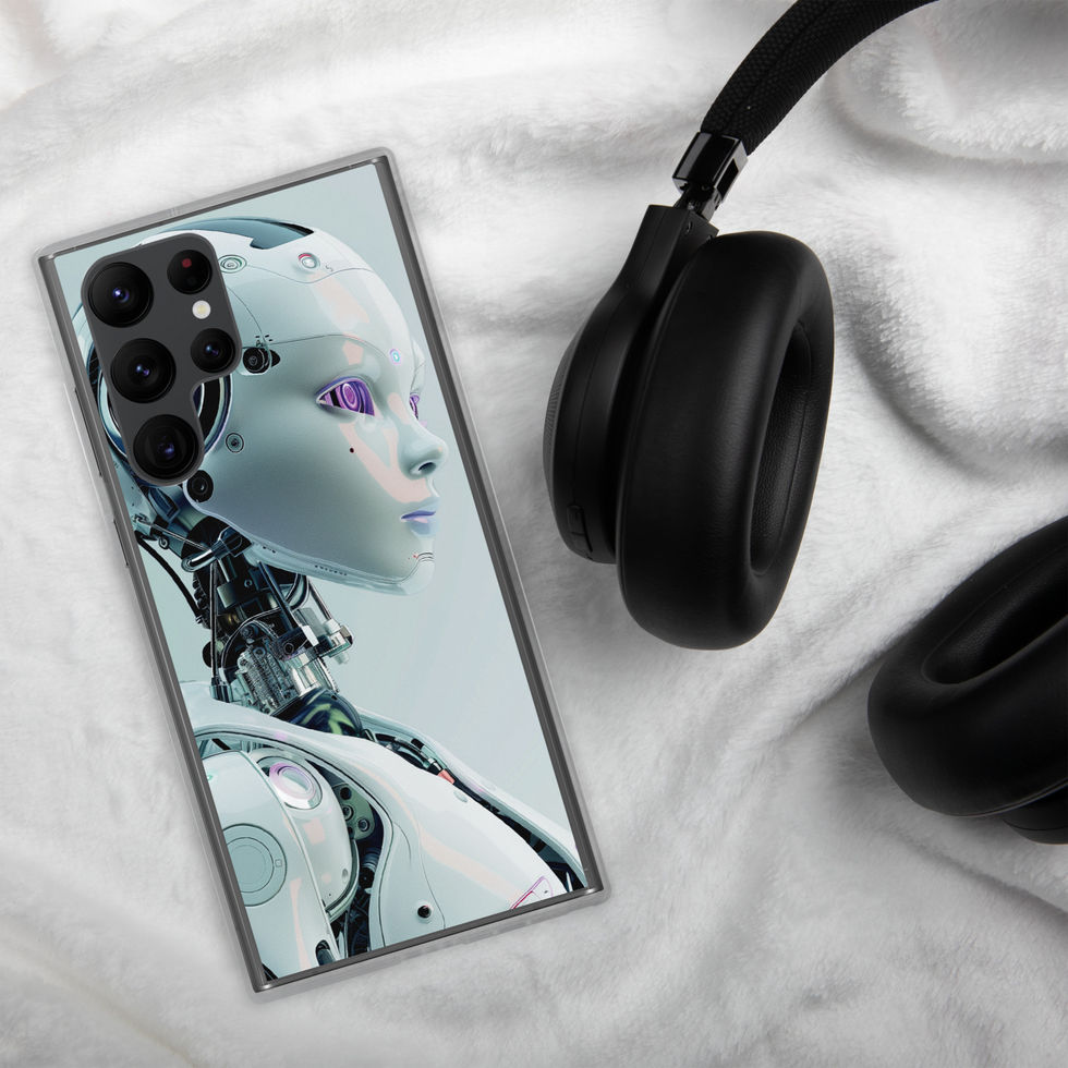 Profile-view humanoid robot artwork on a Samsung clear case