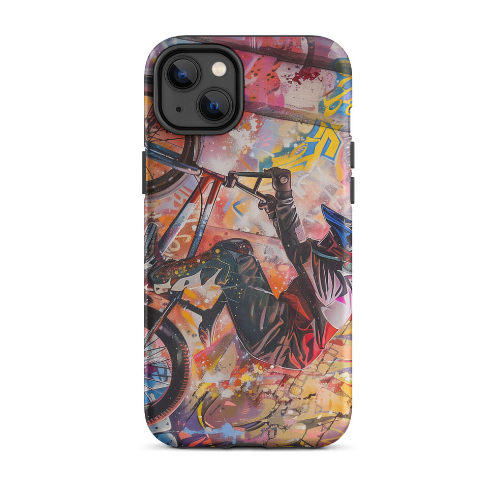 Graffiti Grind Tough case for iPhone 14 Plus, BMX rider amid pink and yellow graffiti, rear view on white