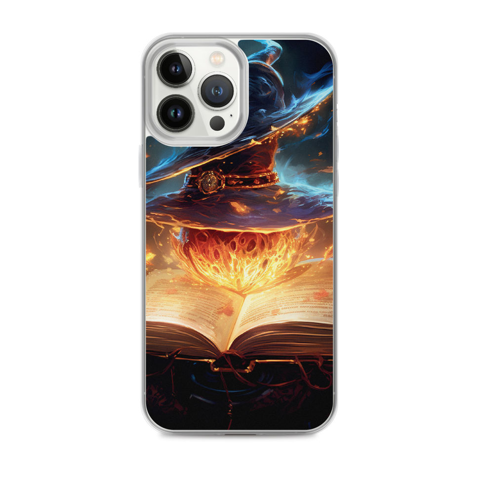 Arcane Ember clear iPhone case: fiery pages lighting the lower half of the case; rear artwork.