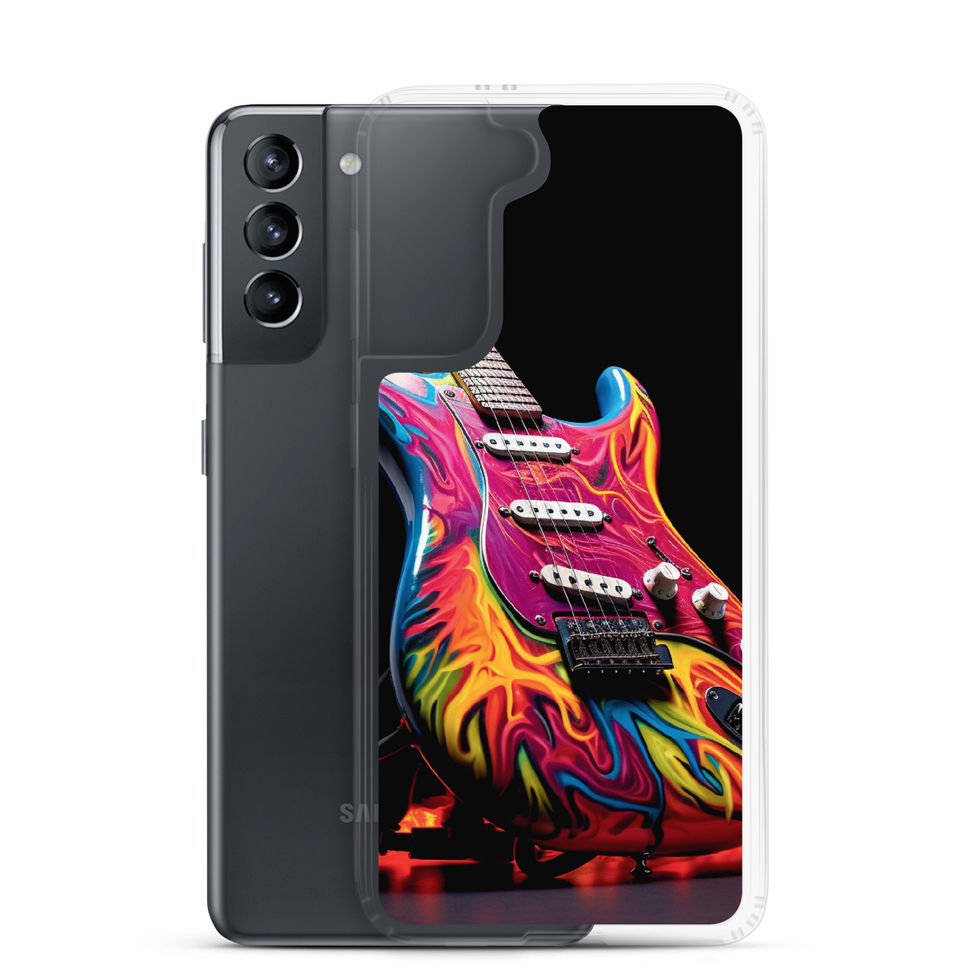 Flaming Riffs clear Samsung case front view in a wristwatch desk scene, featuring the flame-wrapped guitar artwork.