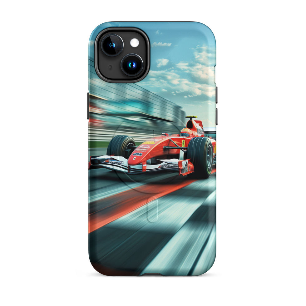 Victory Lap MagSafe Tough case for iPhone 15 Plus, red race car on teal track, rear view on white