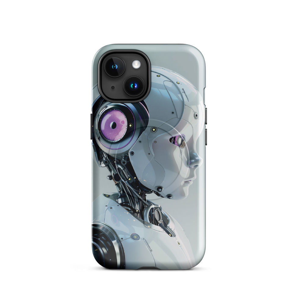 Nano Blossom MagSafe phone case featuring a child robot with luminous purple cybernetic eye and detailed armour