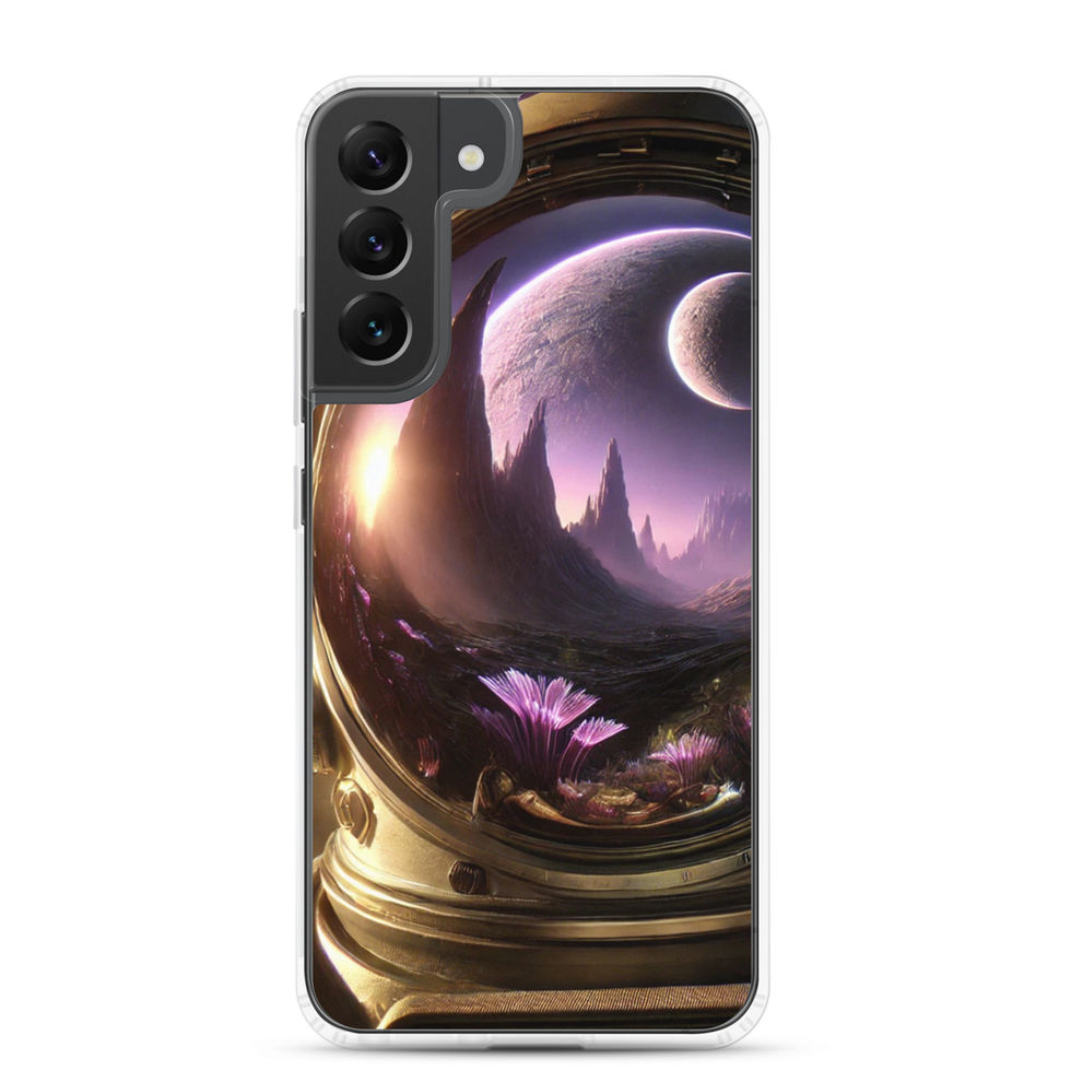 Otherworldly Horizons clear Samsung case, angled view showing transparent edges with curved horizon