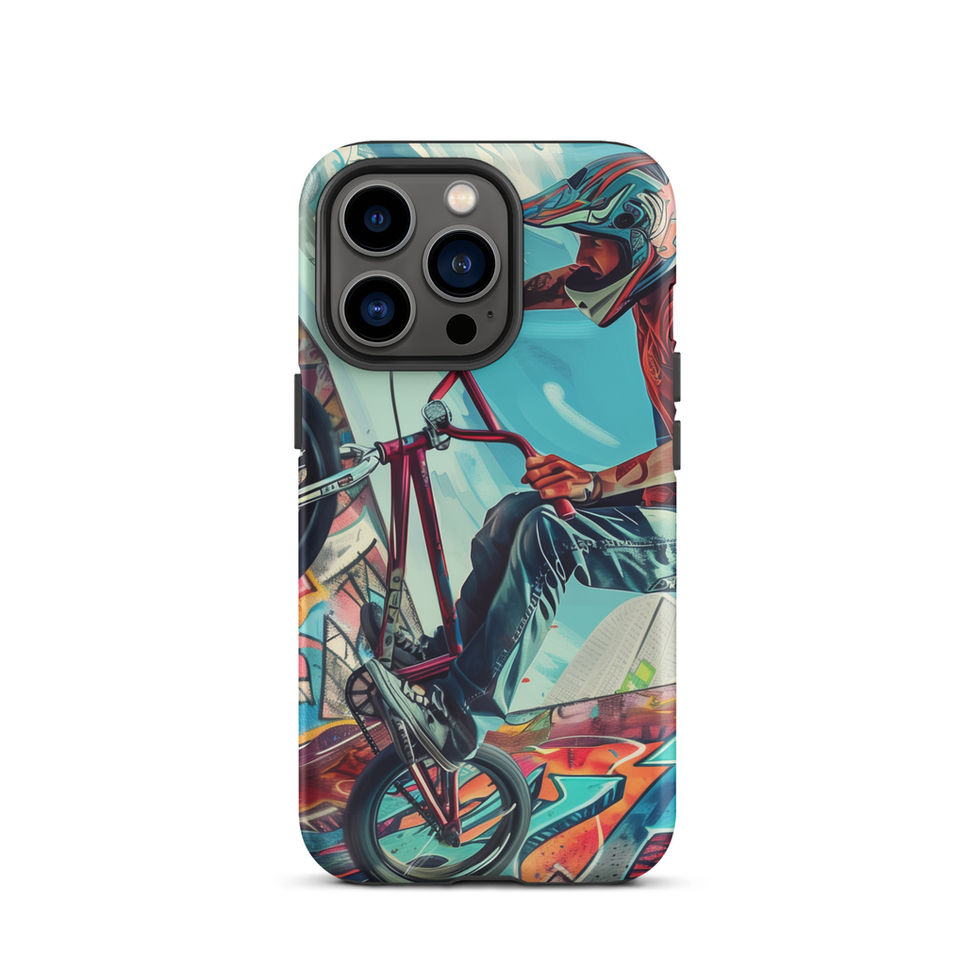 Urban Freestyle Tough case for iPhone 13 Pro, BMX rider and colourful graffiti, rear view on white background