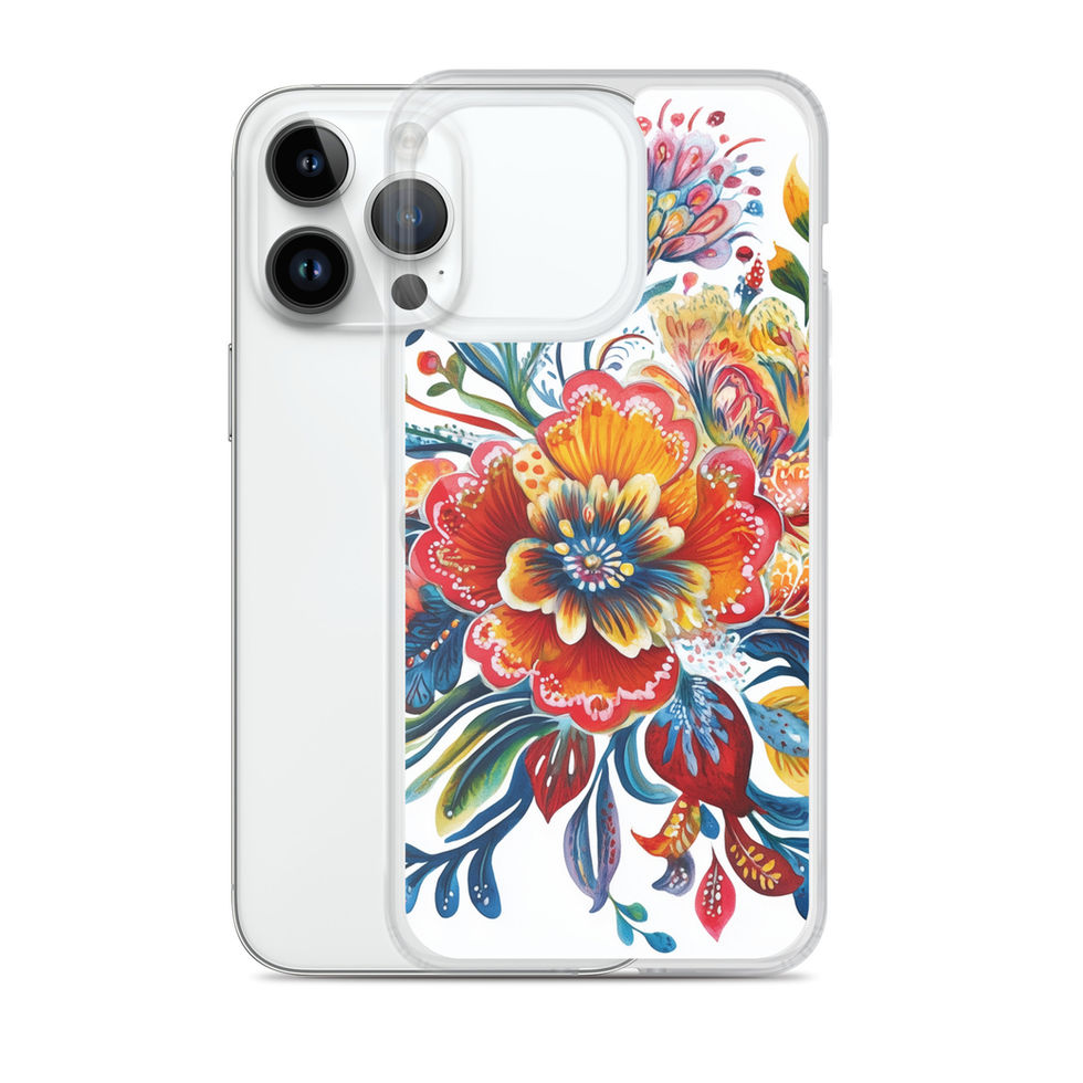 Sunfire Bloom clear floral phone case for iPhone 11 Pro, angled view showing the clear edges and camera opening