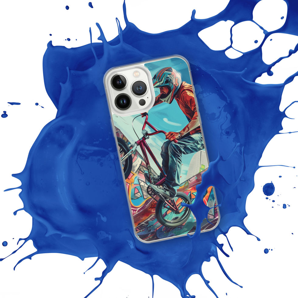 Urban Freestyle Clear case for iPhone 13 Pro Max, BMX rider and colourful graffiti, blue paint splash background