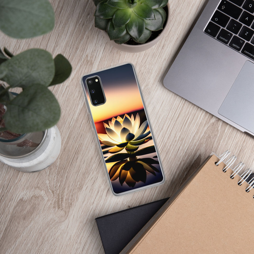 Sunlit Lotus Samsung clear case on a laptop desk; warm sunset sky above an open lotus.