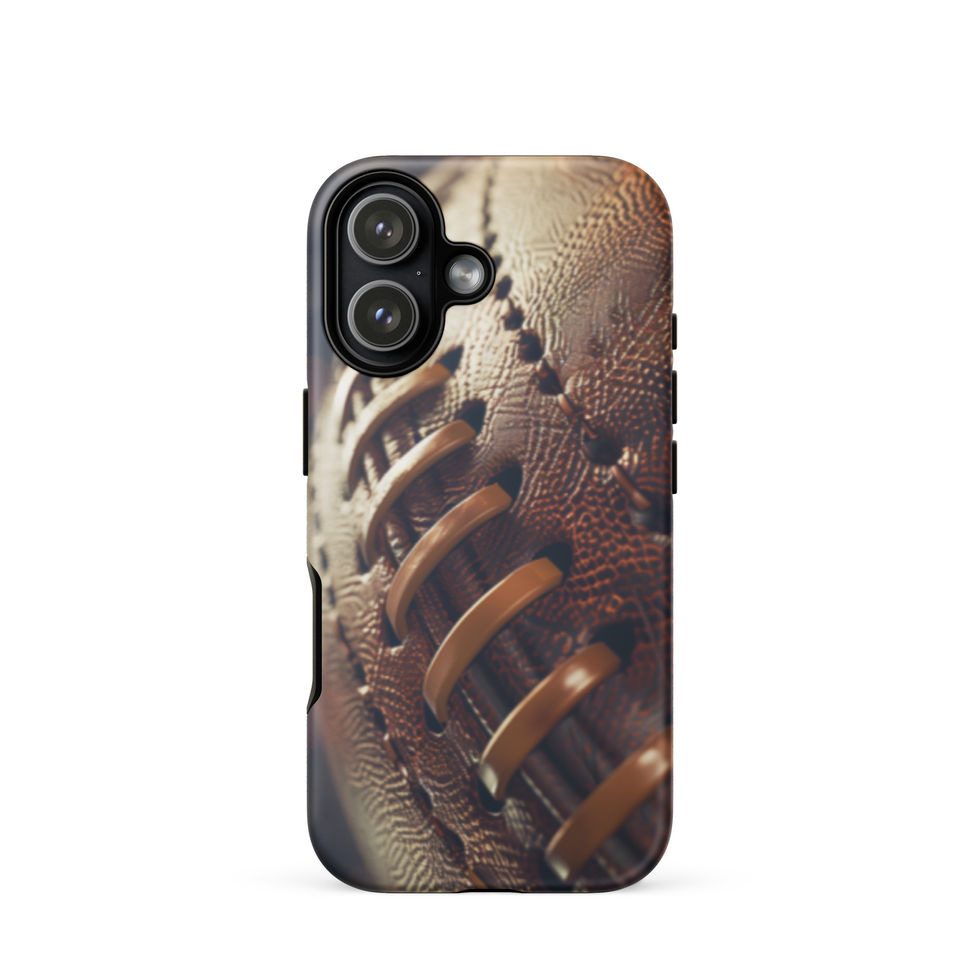 Stadium Lights Tough case for iPhone 17, worn brown football artwork and golden laces, rear view on white