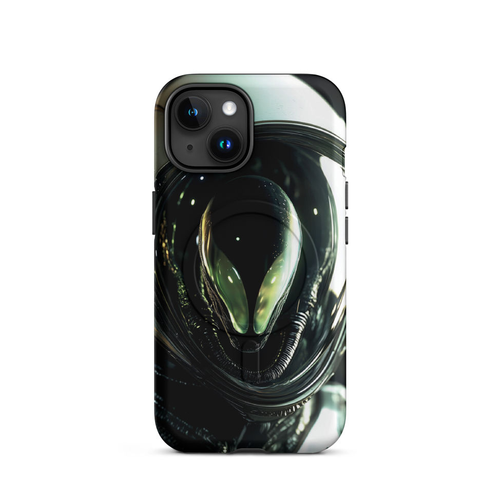 Encounter Beyond phone cover showing curved dark forms around a green face