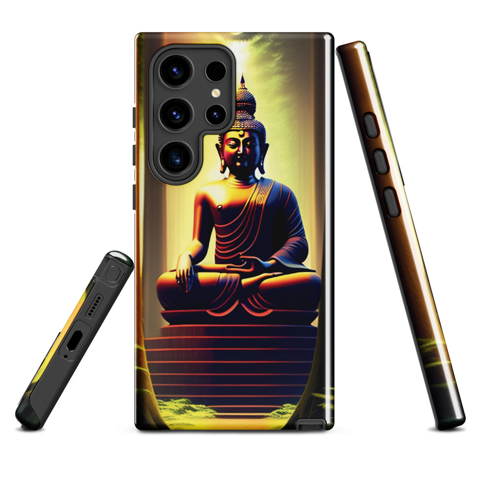 Praying Buddha Samsung tough case, back and side views; golden glow behind the sculpted head.