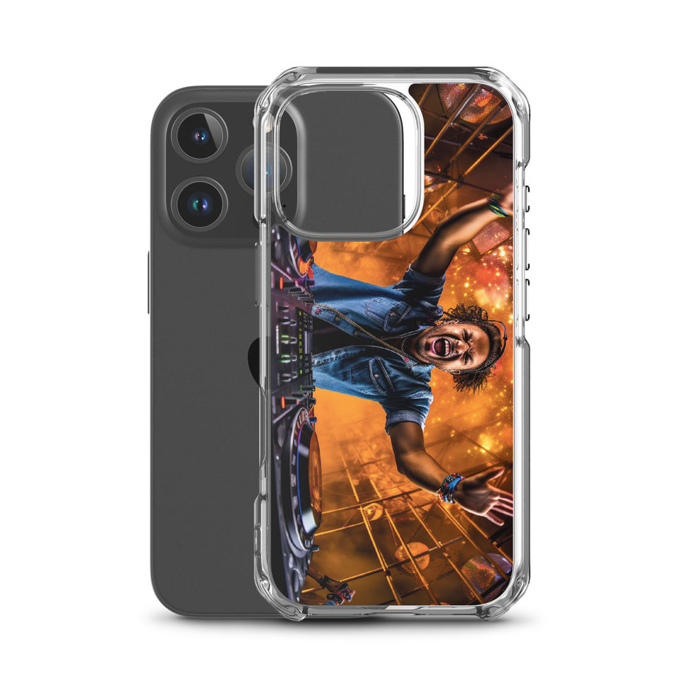 Cosmic DJ clear iPhone case with orange-and-blue DJ art, gallery image 45 of 50