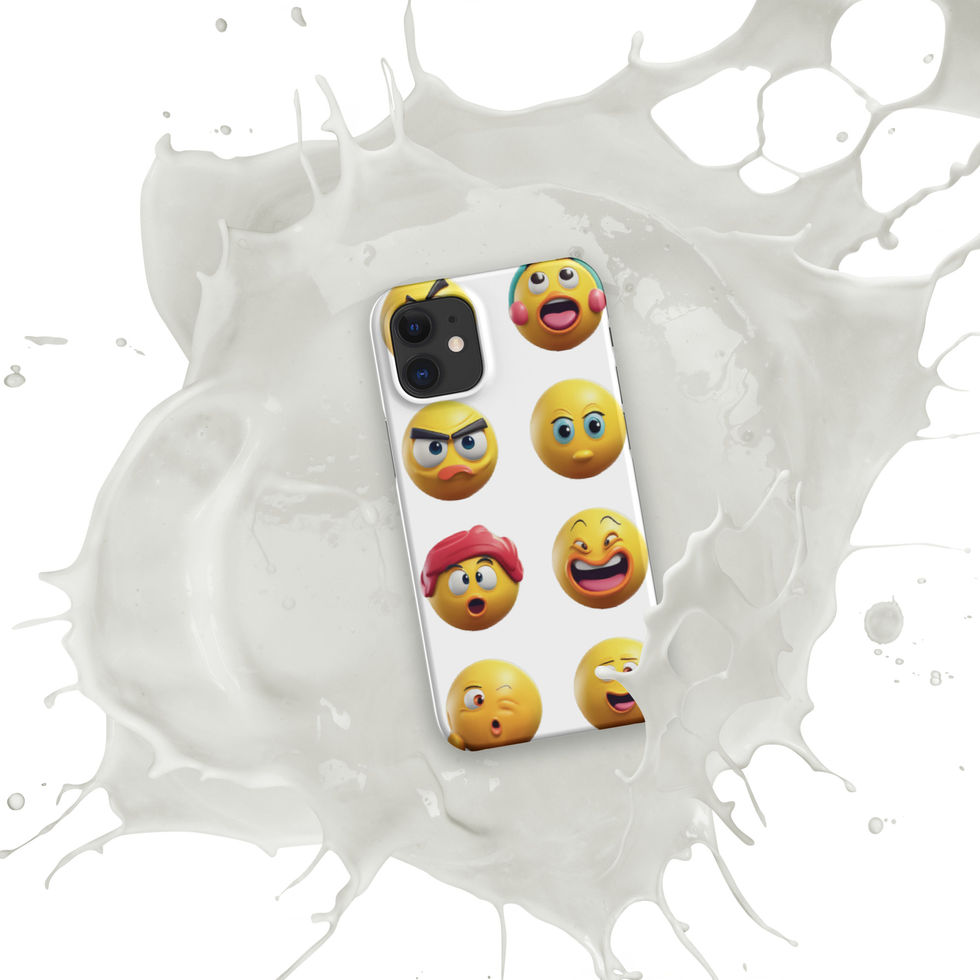 Emoji Frenzy snap iPhone case showing yellow laughing face across its phone back, over a white paint splash.