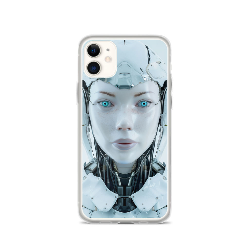 Porcelain-white robot portrait on a transparent iPhone case – front product view