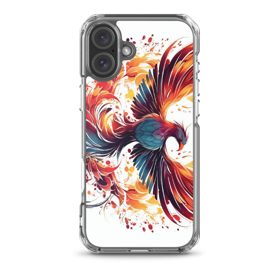 Reborn phoenix-mockup-39 showing Blazing Rebirth artwork on an iPhone clear phone case