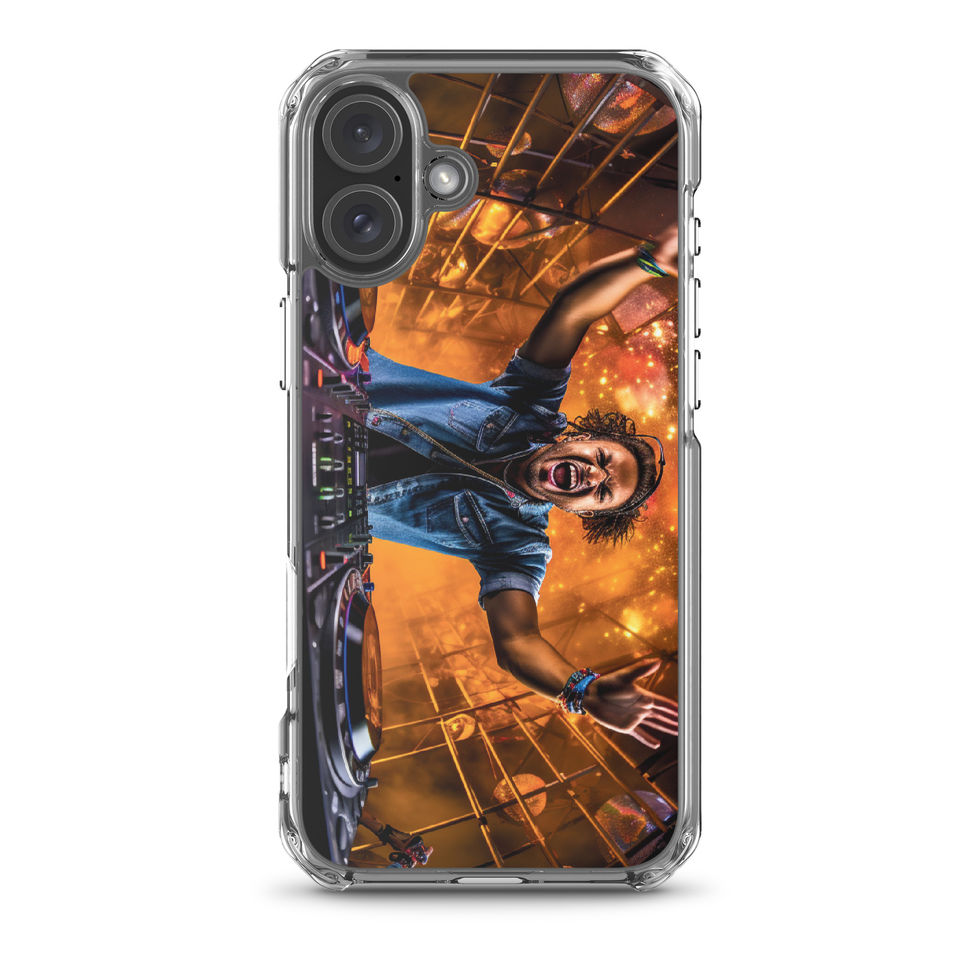 Cosmic DJ clear iPhone case with orange-and-blue DJ art, gallery image 40 of 50