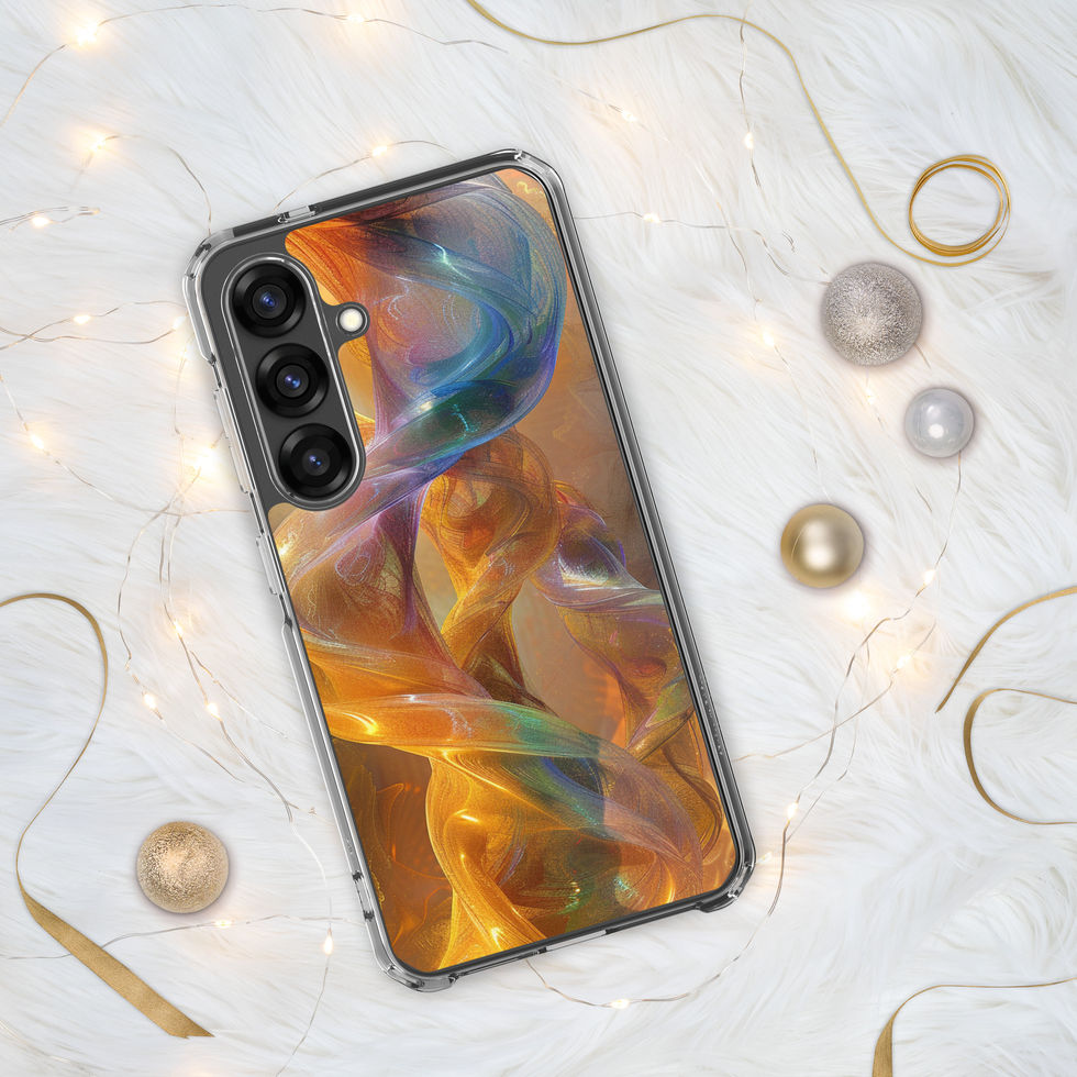 "Intertwining Entities" clear Samsung case with curved blue arc on the back