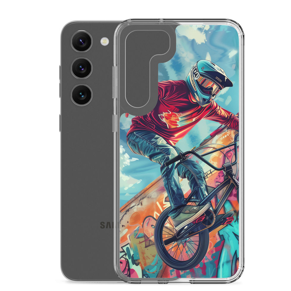 Graffiti Ride Clear case for Galaxy S23 Plus, red-top BMX rider and vivid graffiti, phone beside case on white