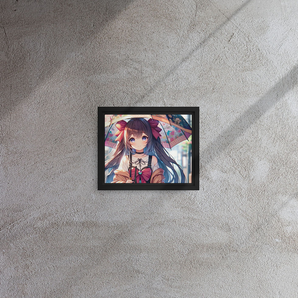 Rainy Day Anime black-framed canvas on grey wall: a blue-eyed anime girl wearing red bows in the rain