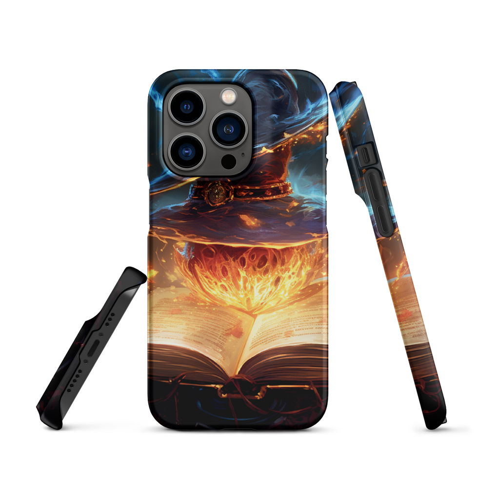 Arcane Ember snap iPhone case: a golden magical glow beneath blue haze, shown upright with its side profile.