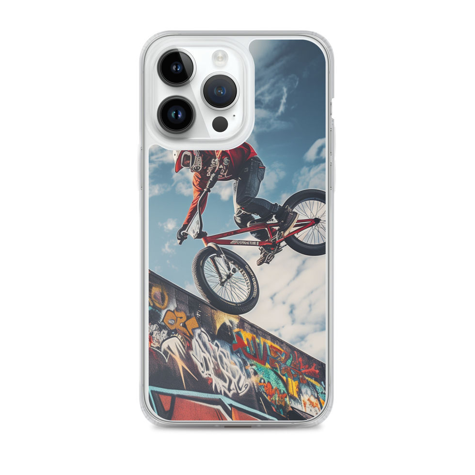 Graffiti Air Clear case for iPhone 14 Pro Max, BMX rider above graffiti ramp, with phone beside case on white