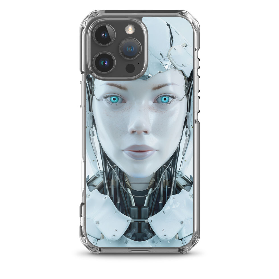 Cool-toned android artwork on a clear protective phone cover – front product view