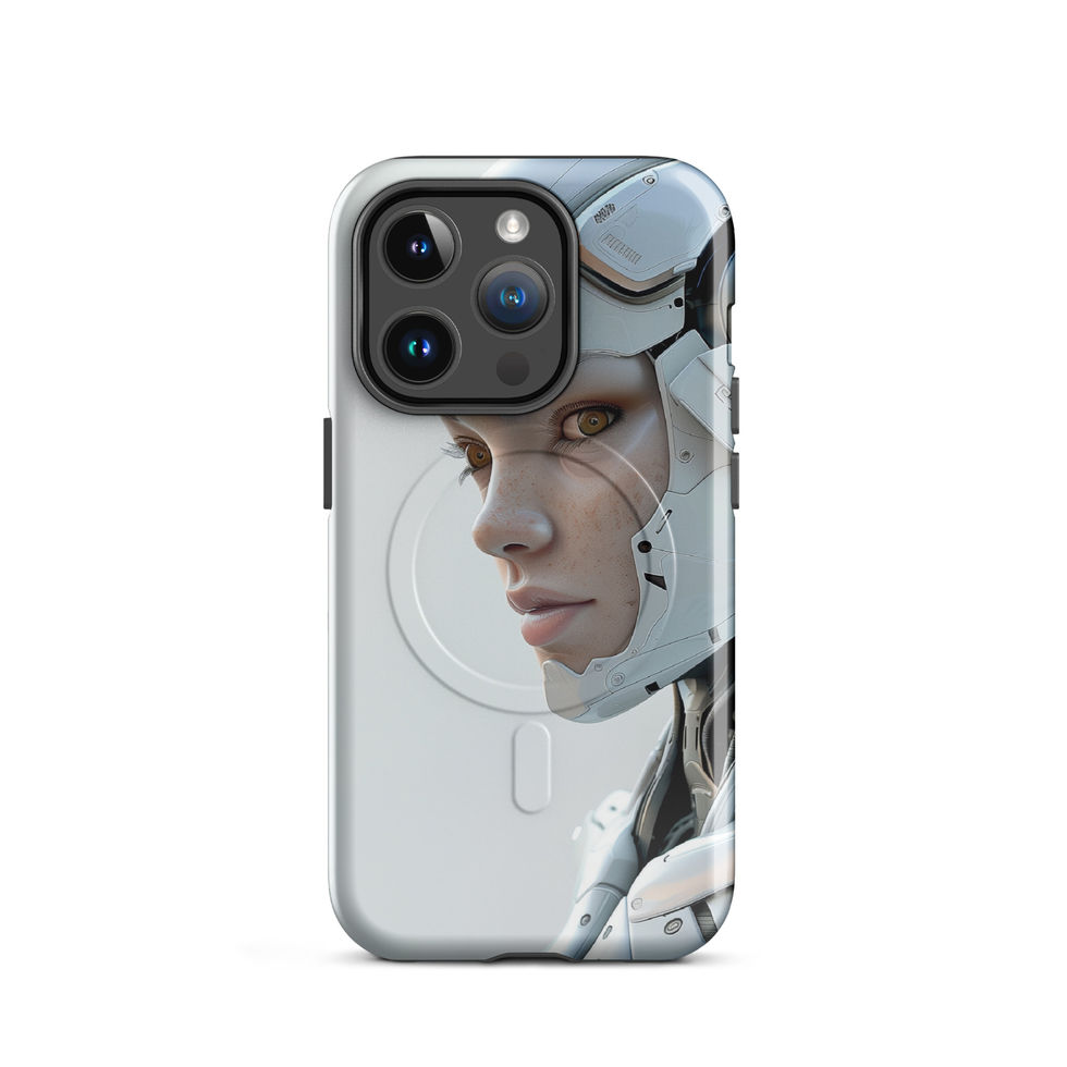 Neural Voyager cyborg with a porcelain cranial shell; front product view on an iPhone® MagSafe Tough Case.