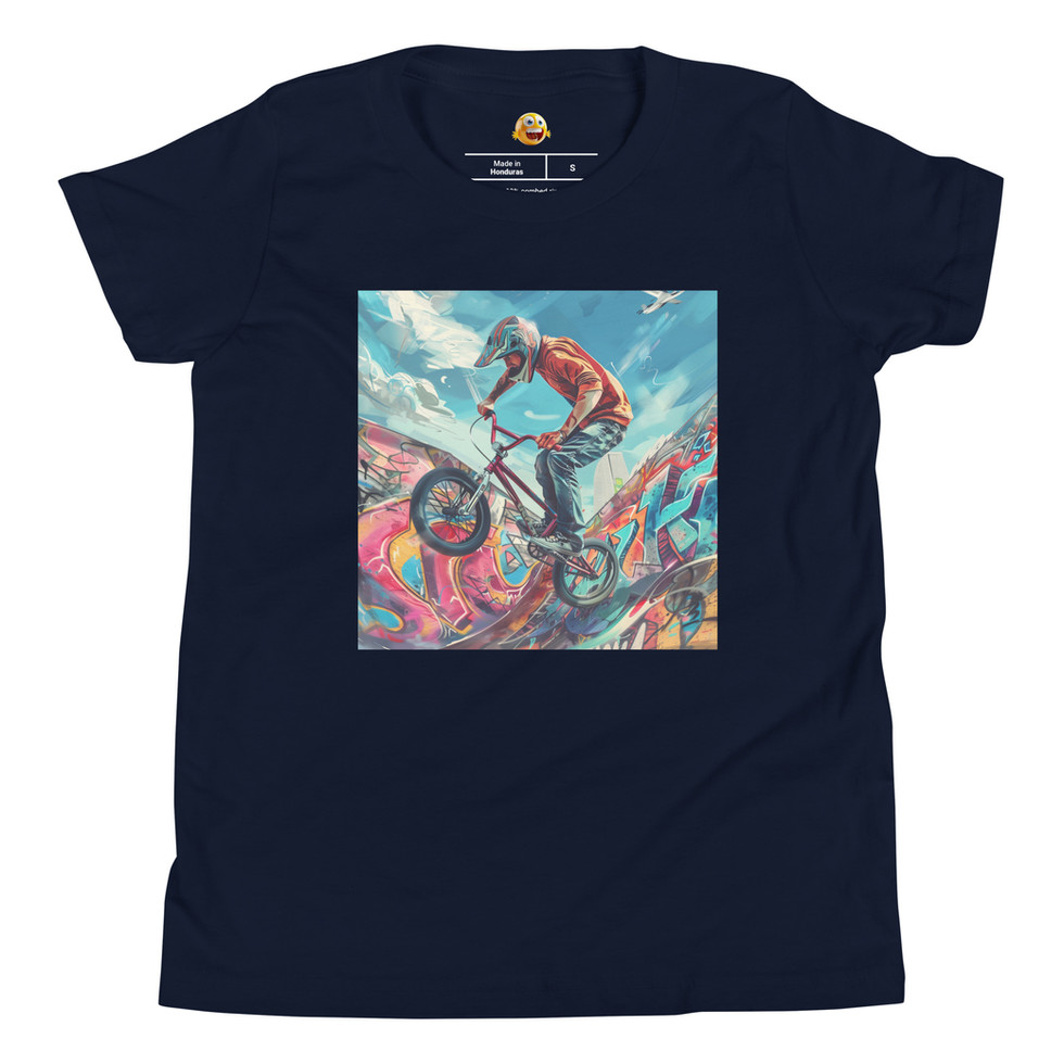 Graffiti Rampage: navy youth short-sleeve T-shirt with a red-shirted BMX rider on bright graffiti