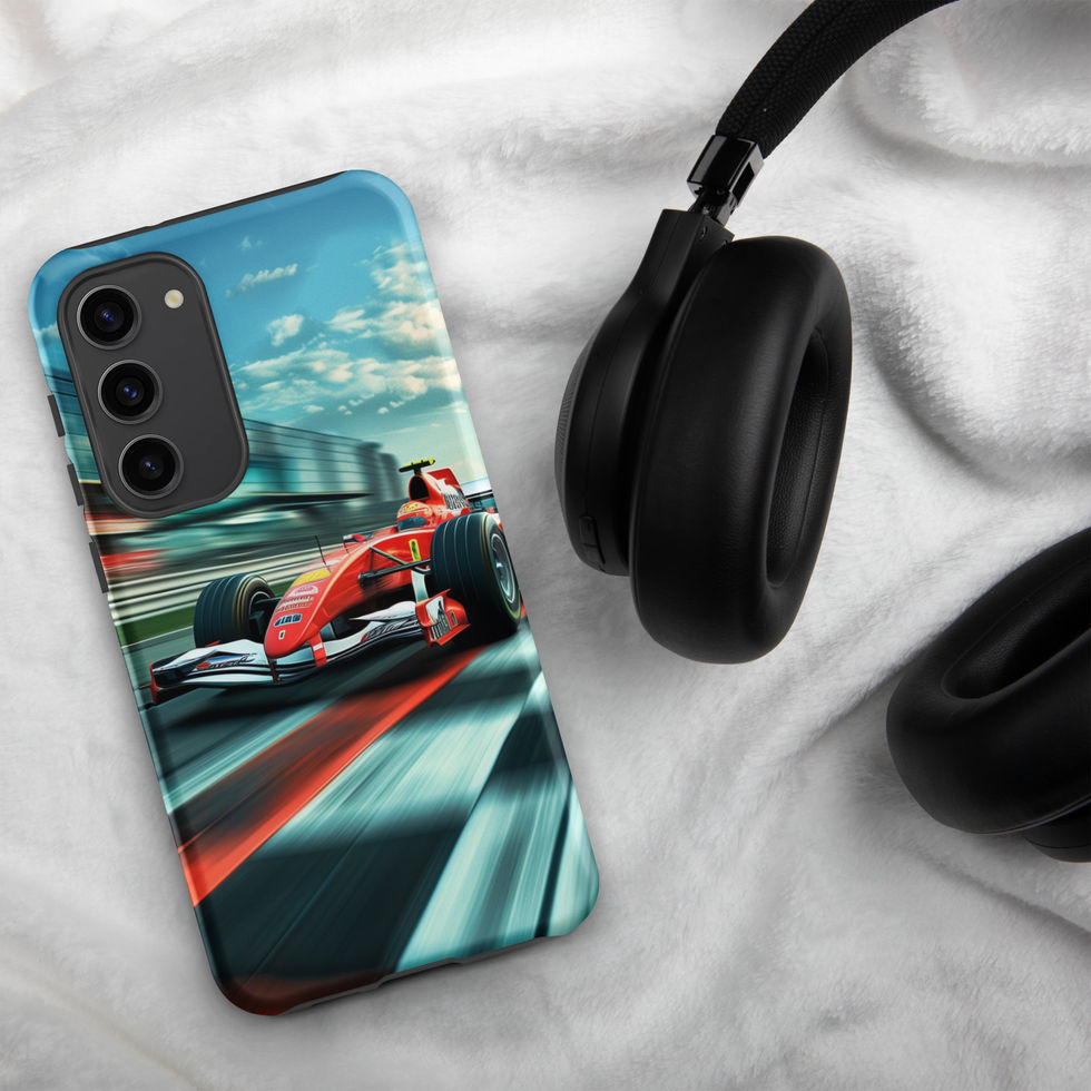 Victory Lap Tough case for Galaxy S23 Plus, red race car on teal track, headphones on pale fabric