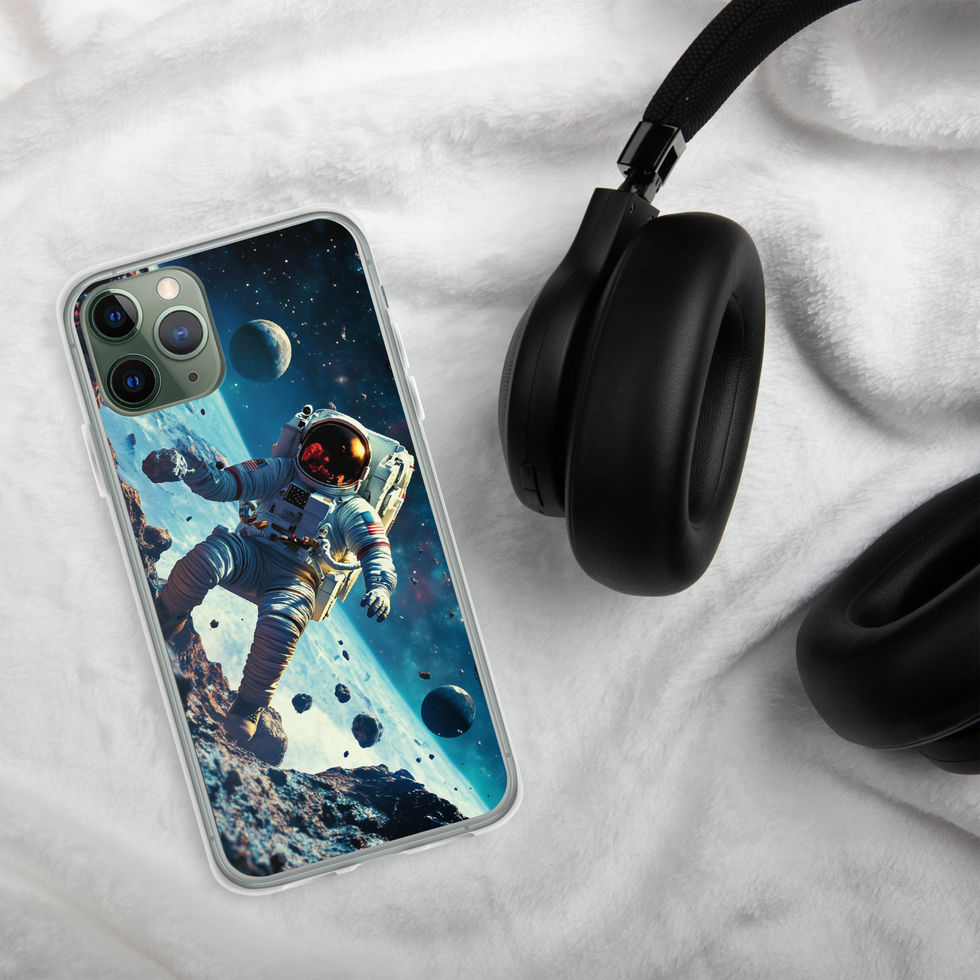 Asteroid Drift clear iPhone case on pale fabric beside black headphones, showing floating rocks beneath a dark sky
