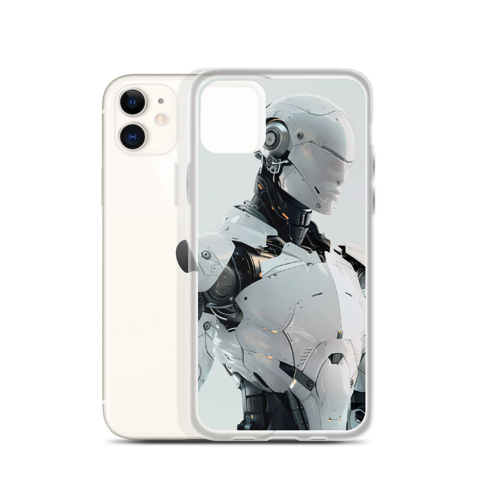 Titan Vanguard clear iPhone case, pale faceplate and layered mechanical neck in close detail
