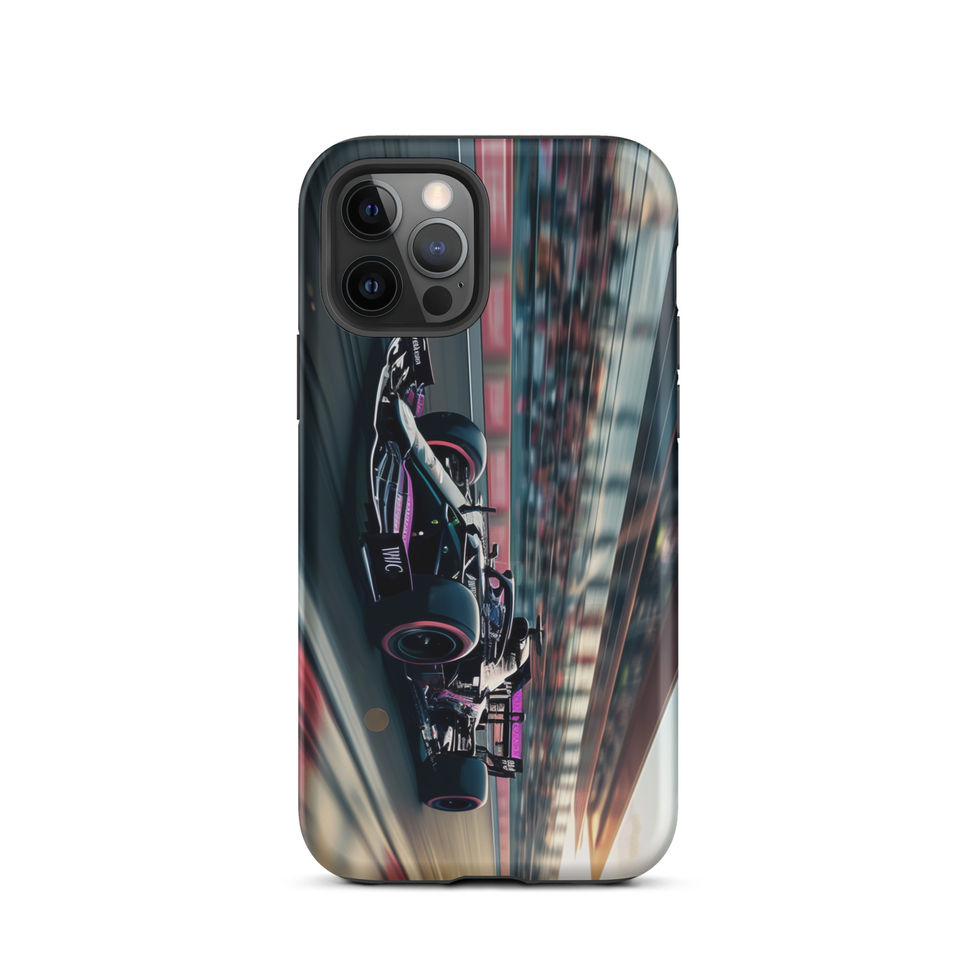Black n Purple Power Tough case for iPhone 12 Pro, black and purple race car artwork, rear view on white