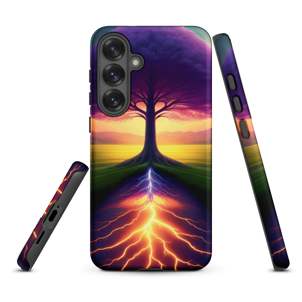 Ethereal Roots tough Samsung case with sunset bands behind the central trunk.