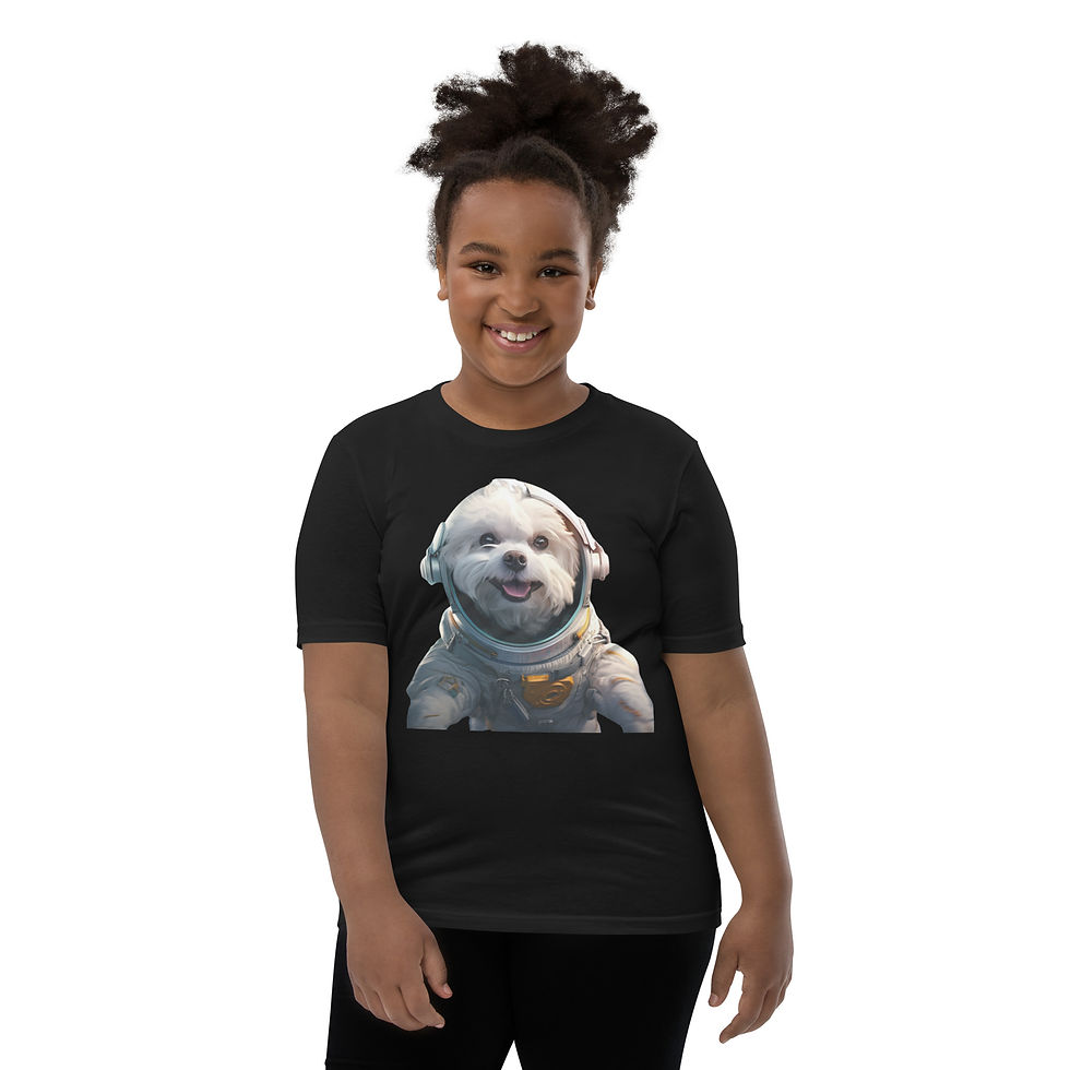 Space Pup: black youth short-sleeve T-shirt with a white puppy in an astronaut suit, worn by child