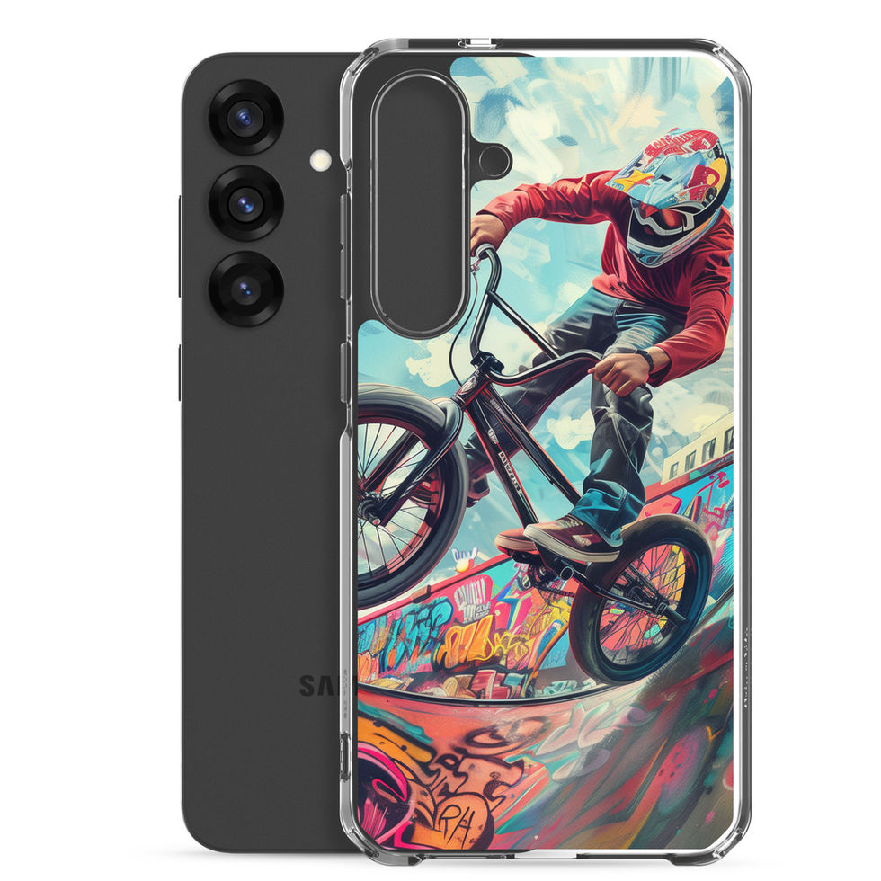 Urban Thrill Clear case for Galaxy S25 Plus, BMX rider above graffiti ramp, phone beside printed case on white