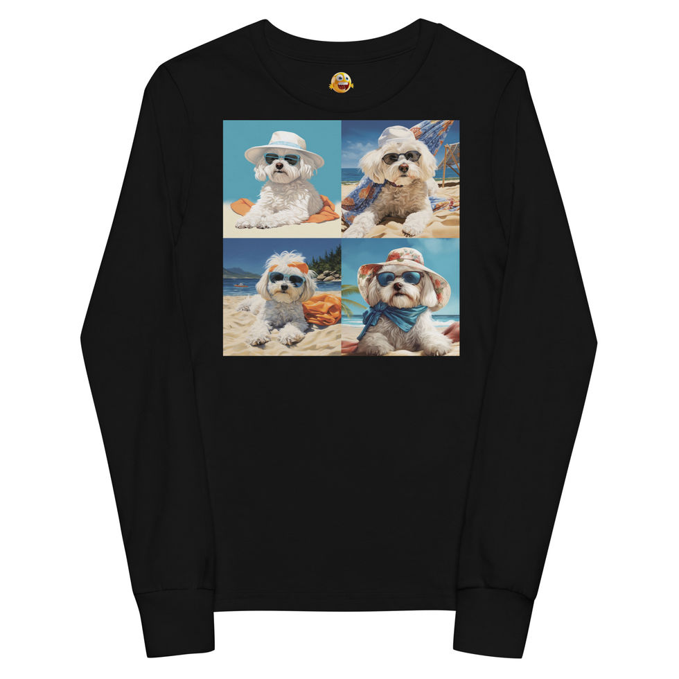 Beach Chic Maltese: black youth long-sleeve T-shirt with four beach-ready puppy portraits