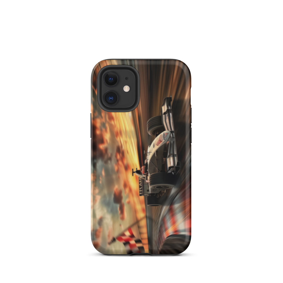 Sunset Speed Tough case for iPhone 12 mini, dark race car on golden sunset track, rear view on white background