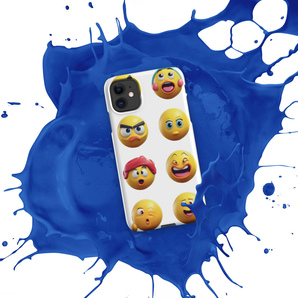 Emoji Frenzy snap iPhone case showing surprised yellow face across its rear print, over a blue paint splash.