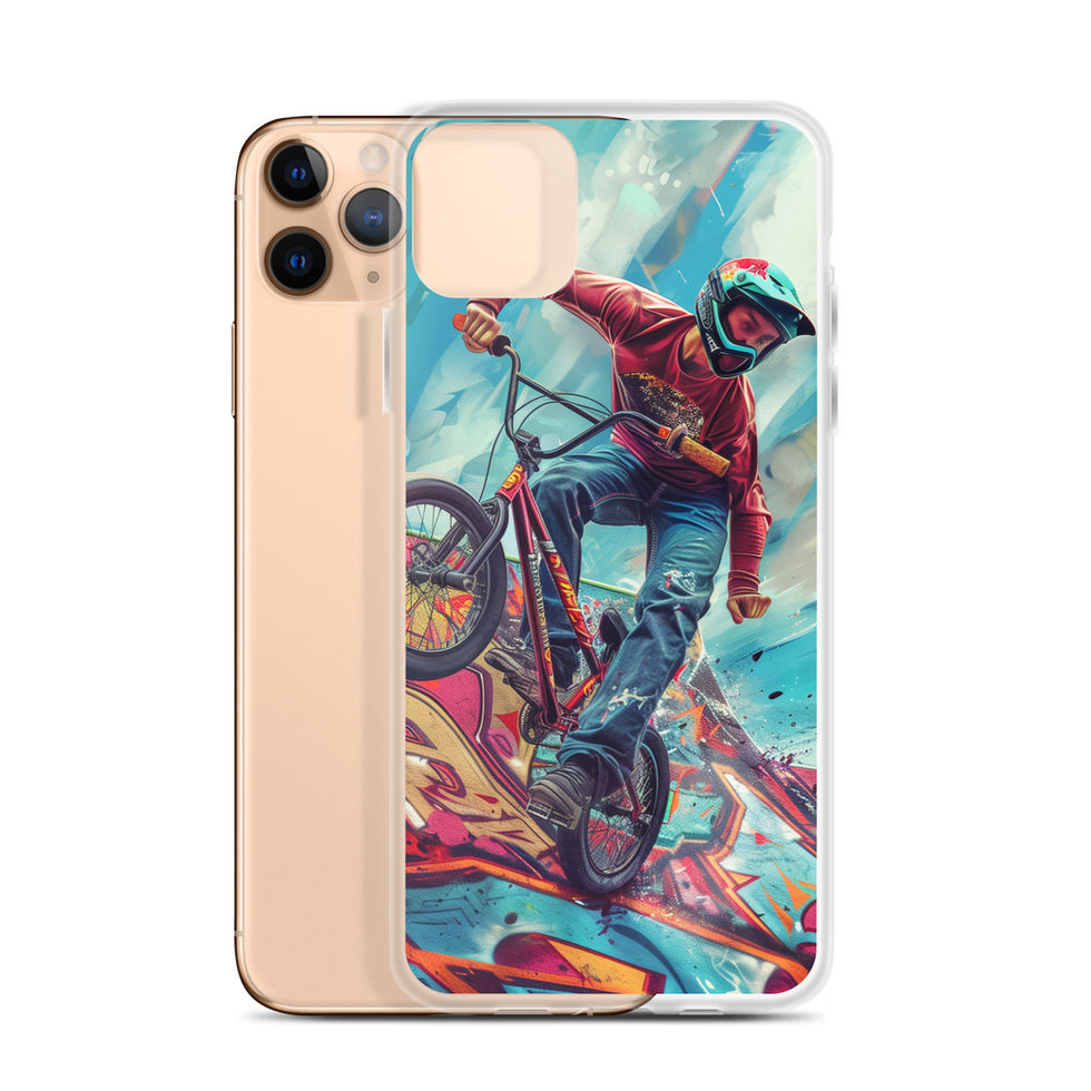 Ramp Rebel Clear case for iPhone 11 Pro Max, red-jacketed BMX rider and graffiti, phone beside case on white