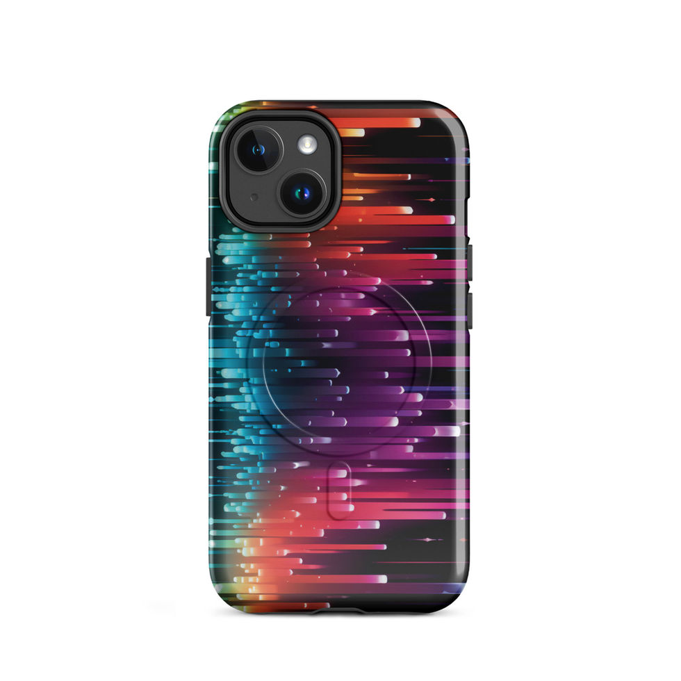Neon Pulse MagSafe Tough Case for iPhone on a silver headphone setup, featuring the glowing rainbow rhythm artwork, image 2.