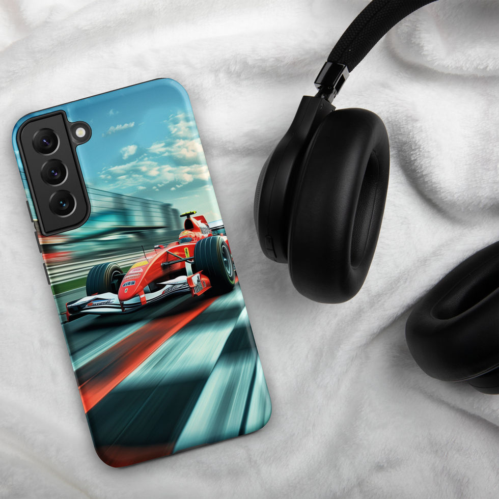 Victory Lap Tough case for Galaxy S22 Plus, red race car on teal track, headphones on pale fabric