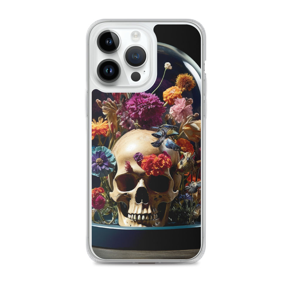 Product image of Bloom & Bones iPhone clear case showing pale skull beneath purple flowers