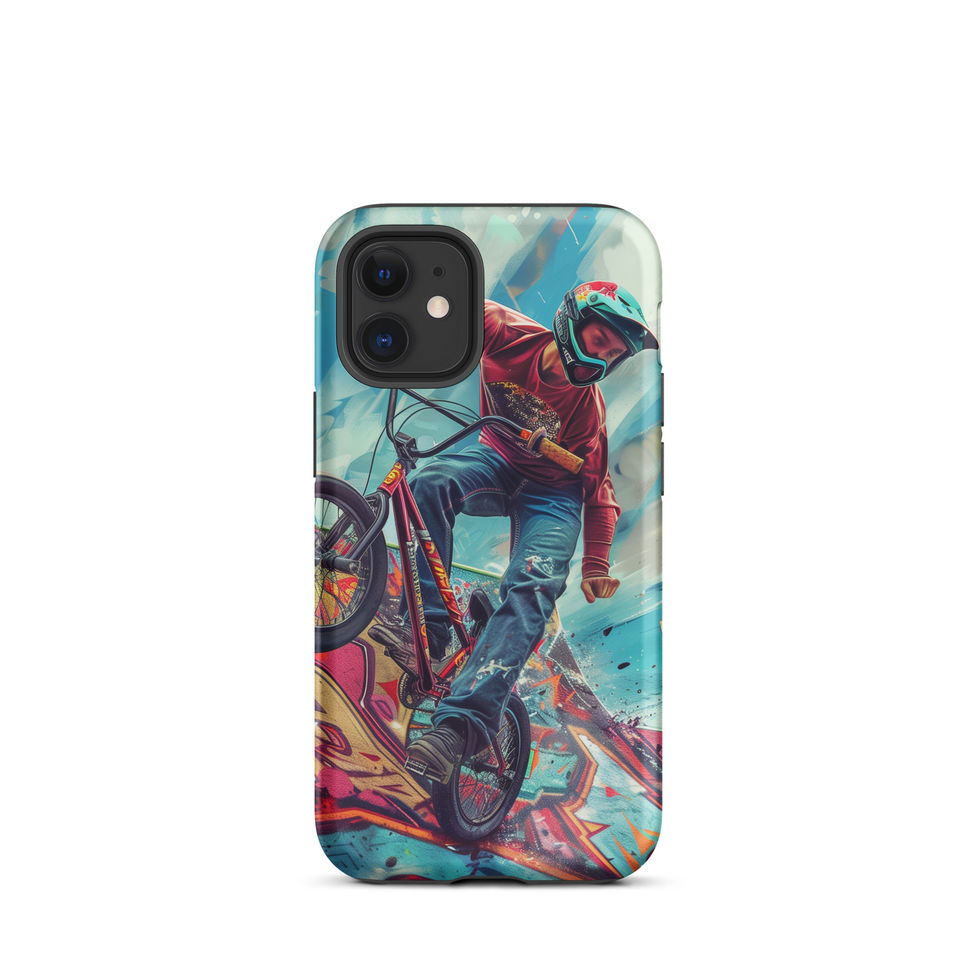 Ramp Rebel Tough case for iPhone 12 mini, red-jacketed BMX rider and graffiti, rear view on white background