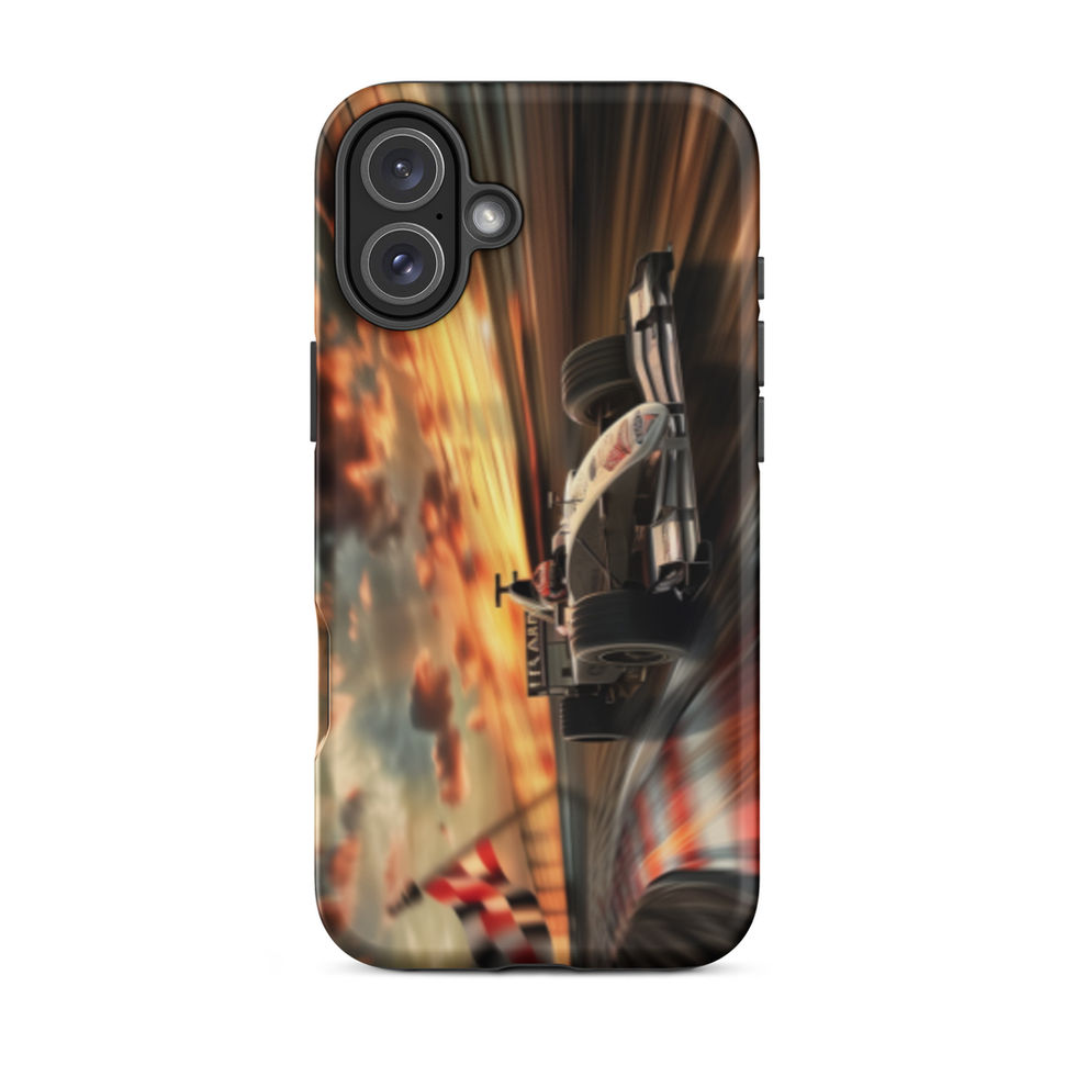 Sunset Speed Tough case for iPhone 16 Plus, dark race car on golden sunset track, rear view on white background